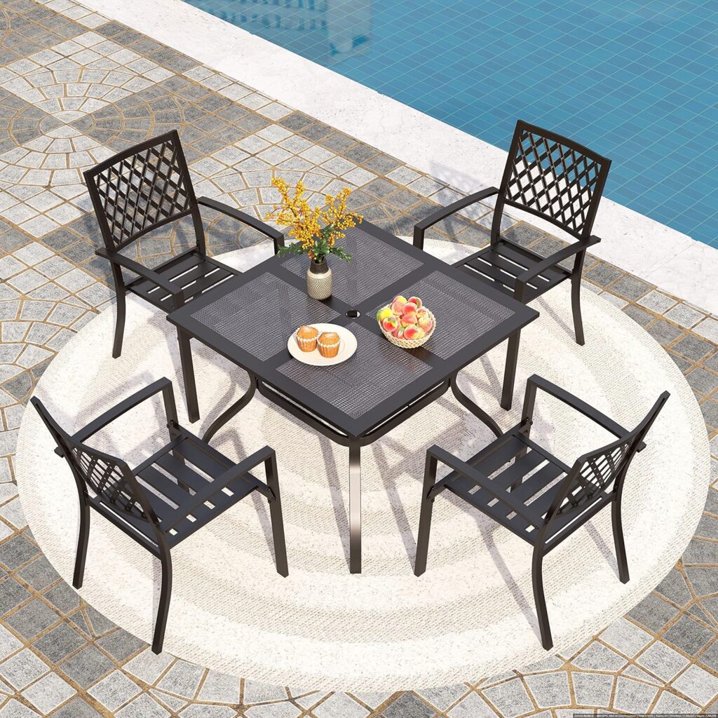 PHI VILLA Patio Dining Set Wrought Iron Outdoor Table and Chairs Furniture Set 5 Piece, 37 Square Bistro Table with Umbrella Hole and 4 Backyard Garden Chairs Support 300LBS for Deck, Lawn, Garden