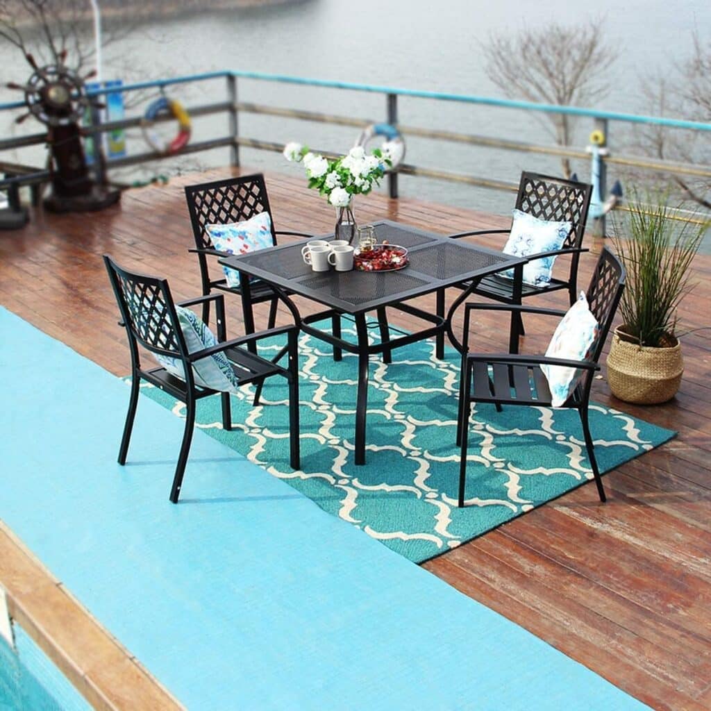 PHI VILLA Patio Dining Set Wrought Iron Outdoor Table and Chairs Furniture Set 5 Piece, 37 Square Bistro Table with Umbrella Hole and 4 Backyard Garden Chairs Support 300LBS for Deck, Lawn, Garden