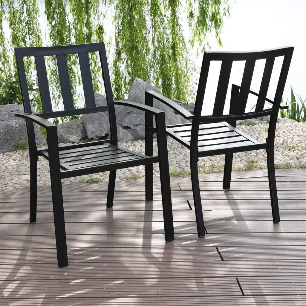 PHI VILLA Patio Dining Stackable Chairs, Outdoor Wrought Iron Furniture Set Bistro Chairs with Armrest,Black (Square Pattern, 2 set)