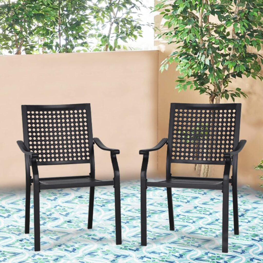 PHI VILLA Stackable Wrought Iron Patio Dining Chairs - Set of 2 Black Outdoor Chair Bistro Metal Chairs, Support 300 LBS