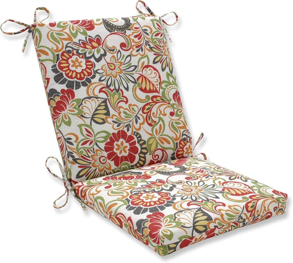 Pillow Perfect Bright Floral Indoor/Outdoor Solid Back 1 Piece Square Corner Chair Cushion with Ties, Deep Seat, Weather, and Fade Resistant, 36.5 x 18, Green/Red Zoe, 1 Count