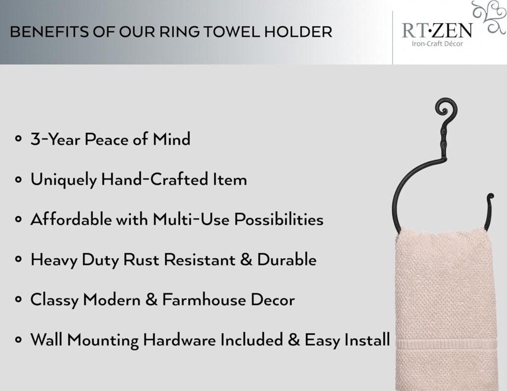 RTZEN Matte Black Towel Ring - Wrought Iron Hand Towel Ring for Bathroom - Decorative Hand Towel Holder for Kitchen - Farmhouse Home Decor Accessories