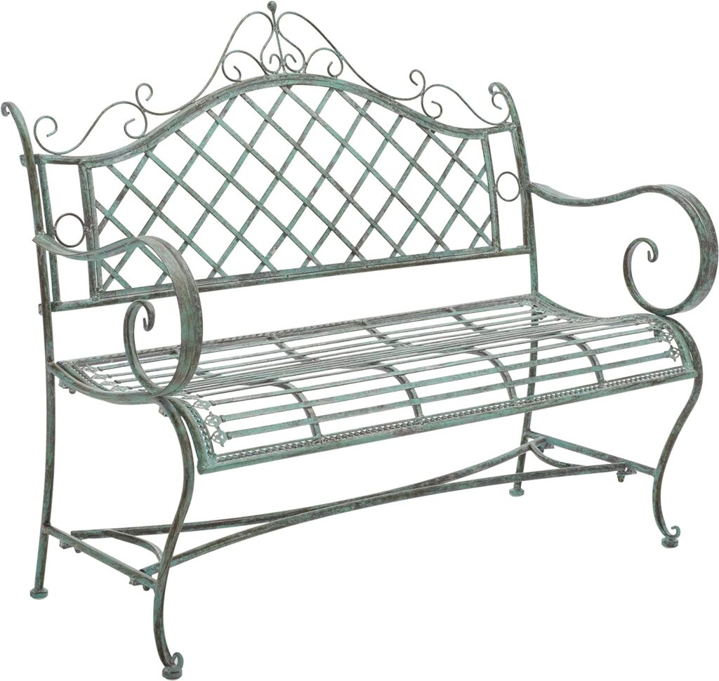 Safavieh PAT5017A Collection Adina Antique White Wrought Iron 51.25 Outdoor Garden Bench