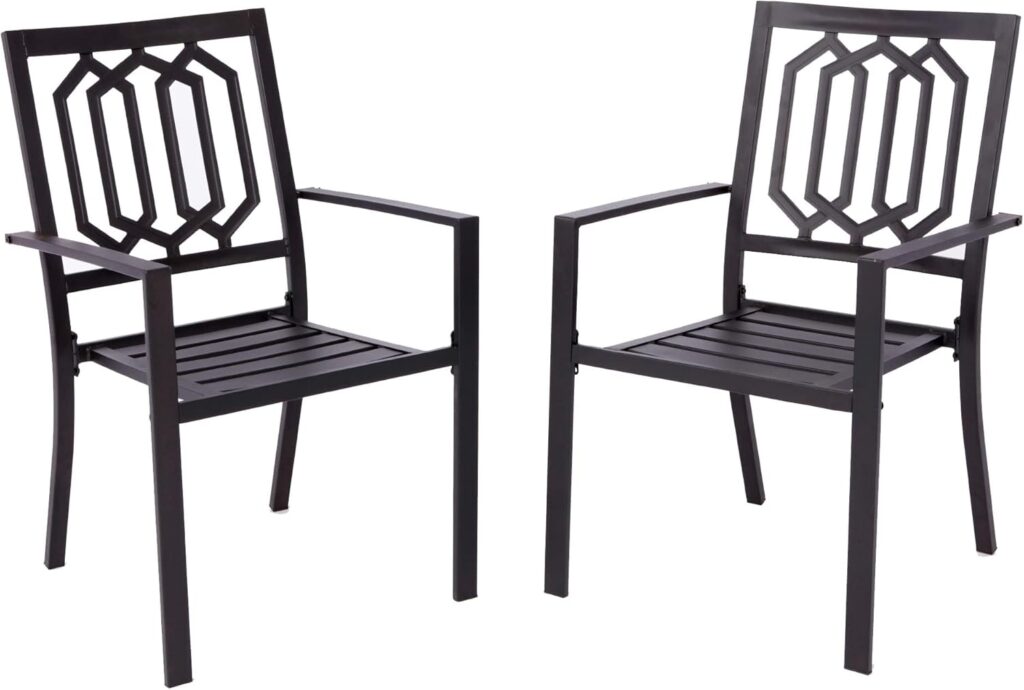 Stackable Metal, Black Patio Outdoor Dining Chairs with Armrest Support 325lbs Set of 2, Black Hexgon