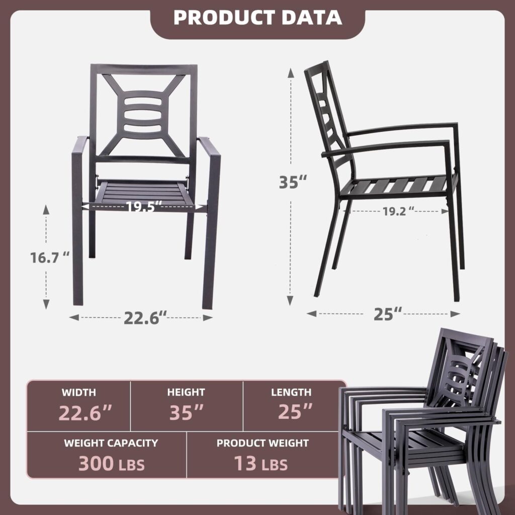 Stackable Patio, Outdoor Metal Chairs for Garden Backyard with Armrest Support 325lbs Set of 2, Black Diamond