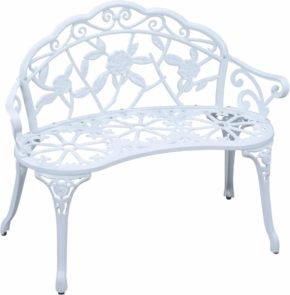 Sun-Ray Premier Outdoor Patio Garden Park Bench, Cast Iron, Antique Rose Style, 3 ft, White