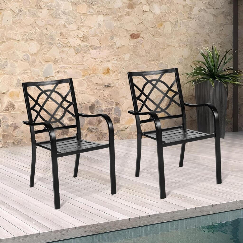 SUNCROWN 2 Pieces Wrought Iron Black Chairs 300 Lbs Outdoor Dining Chairs, Patio Metal Stackable Chair with Armrest for Backyard, Garden, Poolside