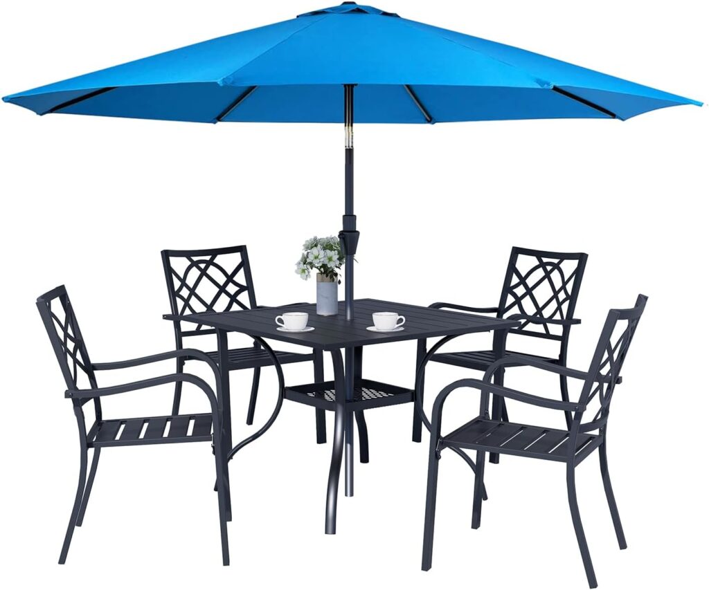 SUNCROWN 5-Piece Outdoor Wrought Iron Chairs and Table Patio Dining Furniture Set - 4 Stackable Metal Chairs, 1 Steel Slat Bistro Table for Garden Backyard Deck