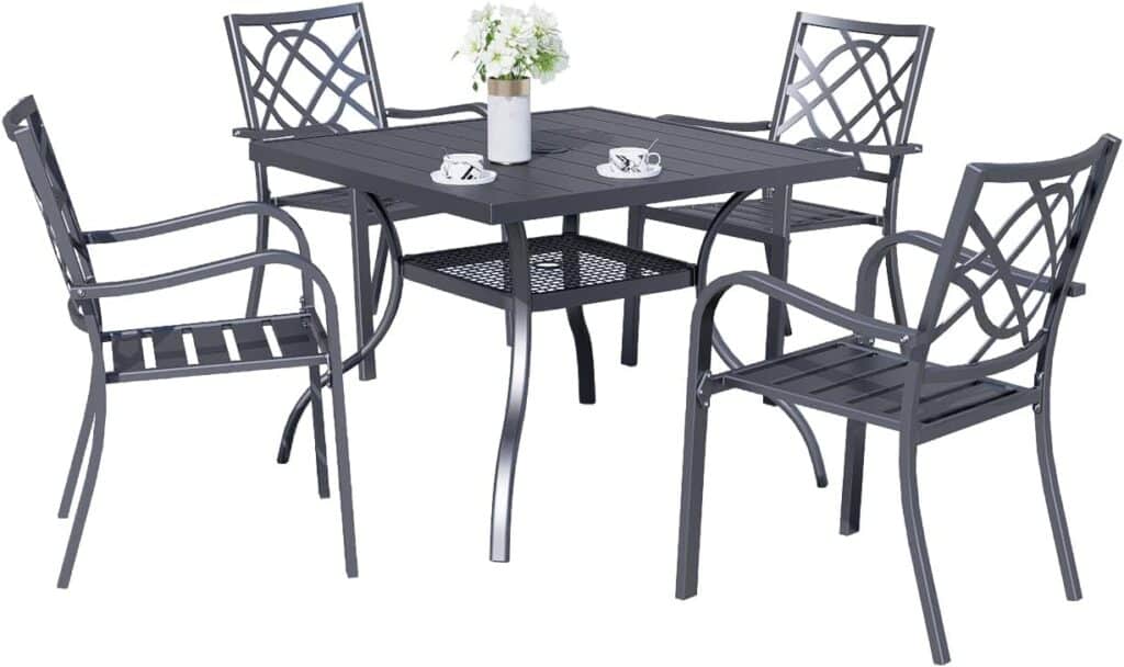 SUNCROWN 5-Piece Outdoor Wrought Iron Chairs and Table Patio Dining Furniture Set - 4 Stackable Metal Chairs, 1 Steel Slat Bistro Table for Garden Backyard Deck