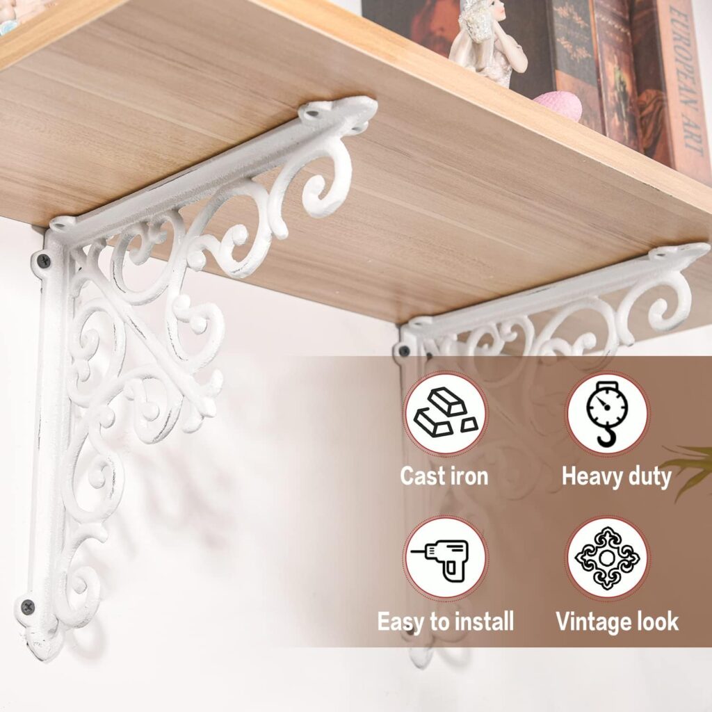 Sungmor 2PC 4.7 Inch Heavy Duty Decorative Brackets for Shelves, Vintage Victorian Cast Iron Shelf Bracket, Sturdy Black L Shape Metal Corner Brace Shelf Supporter, Wall Mounted Floating Shelf Bracket