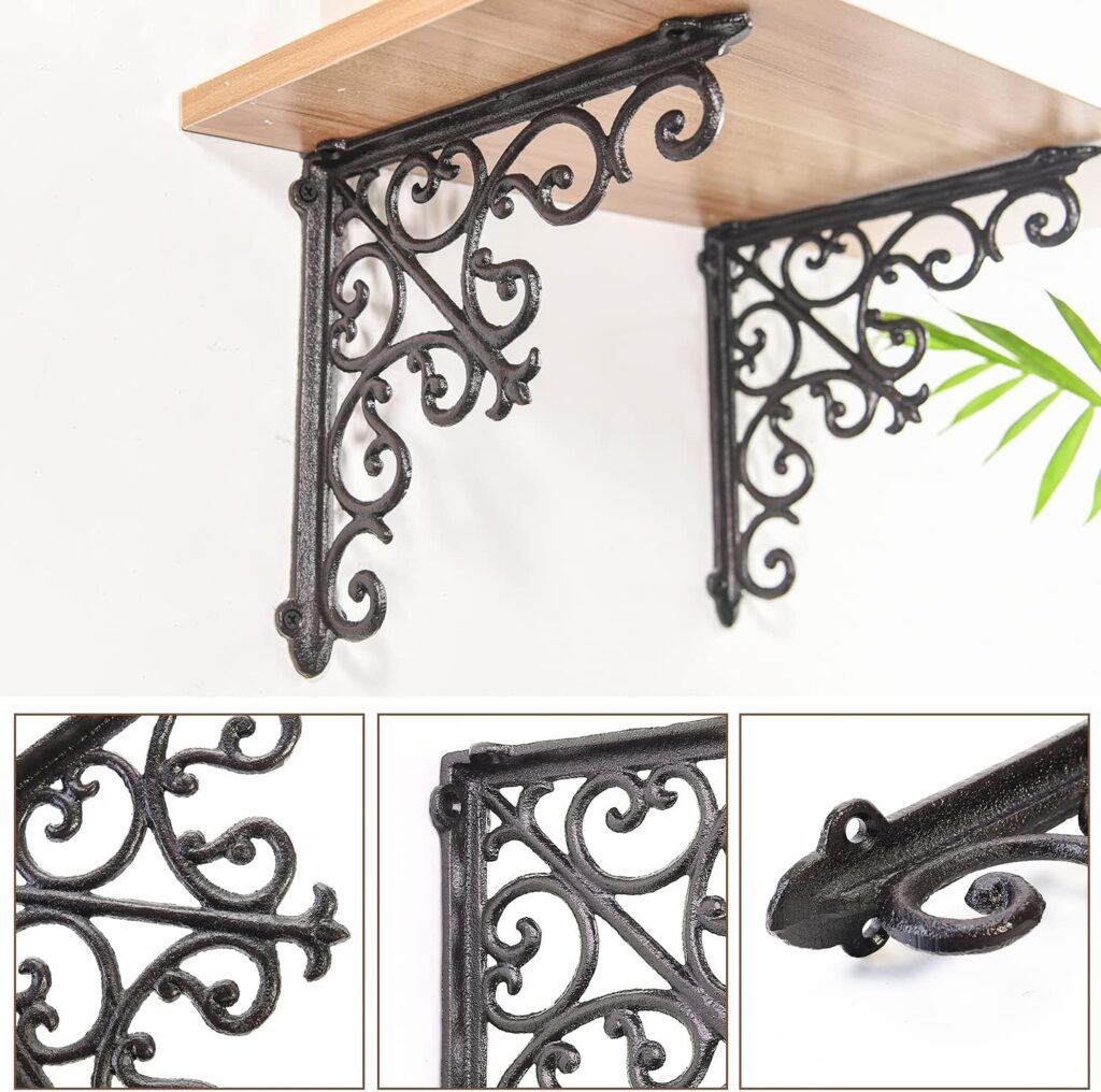 Sungmor 2PC 4.7 Inch Heavy Duty Decorative Brackets for Shelves, Vintage Victorian Cast Iron Shelf Bracket, Sturdy Black L Shape Metal Corner Brace Shelf Supporter, Wall Mounted Floating Shelf Bracket