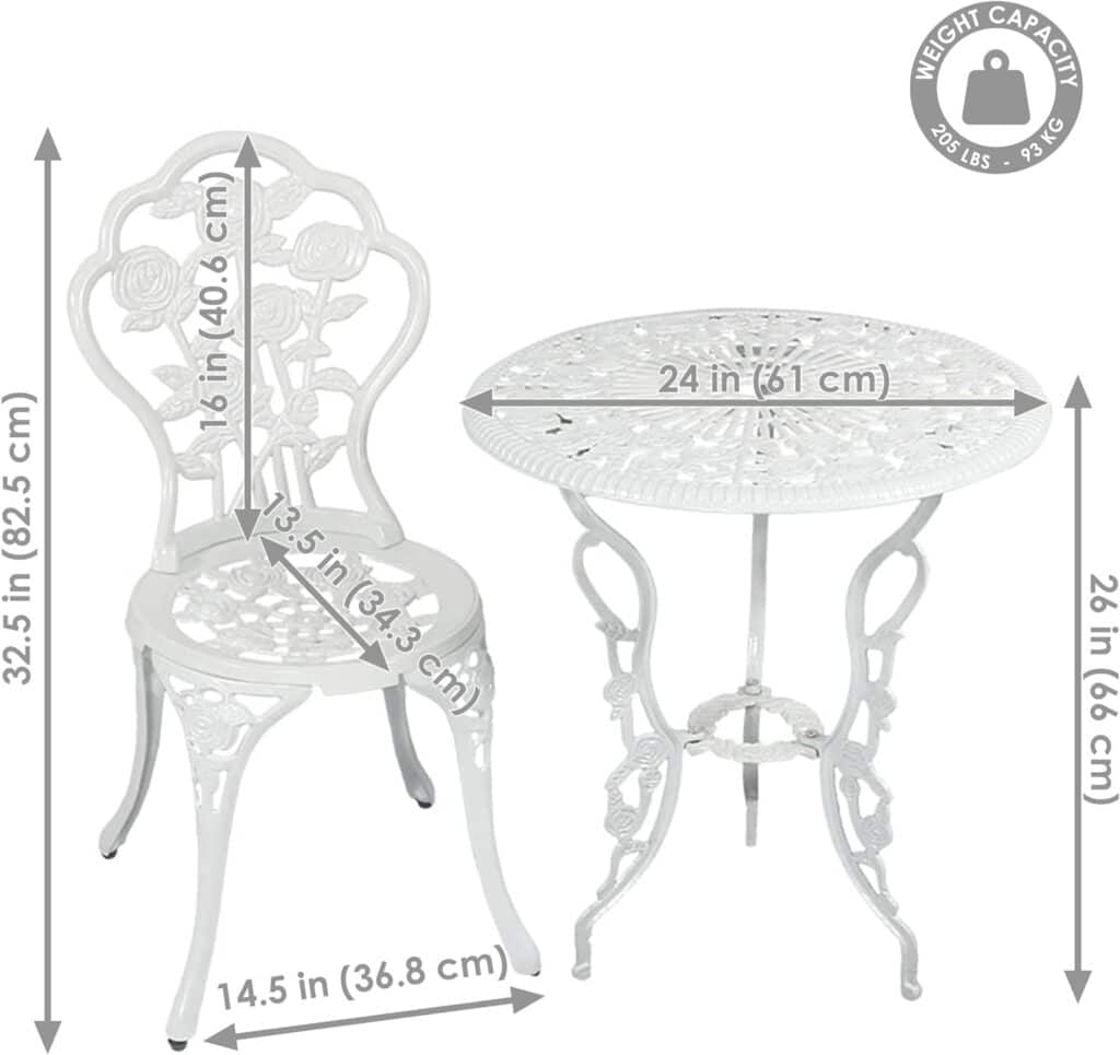 Sunnydaze 3-Piece Flower Designed Bistro Table Set with 2 Chairs, Outdoor Cast Aluminum, White