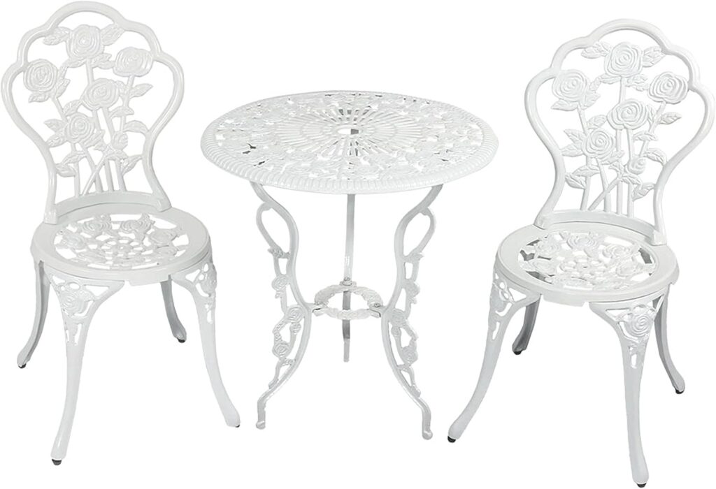 Sunnydaze 3-Piece Flower Designed Bistro Table Set with 2 Chairs, Outdoor Cast Aluminum, White