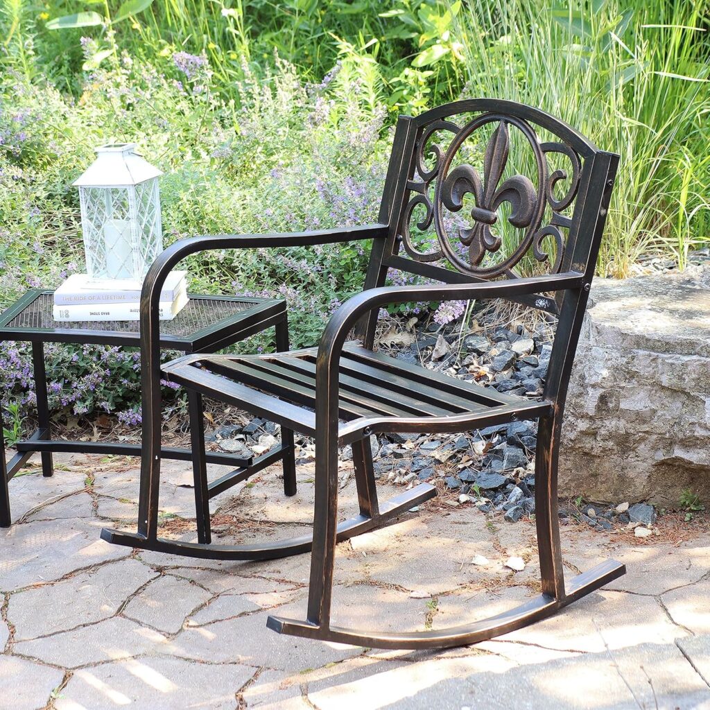 Sunnydaze Fleur-de-Lis Cast Iron and Steel Patio Rocking Chair - 275-Pound Weight Capacity - Black