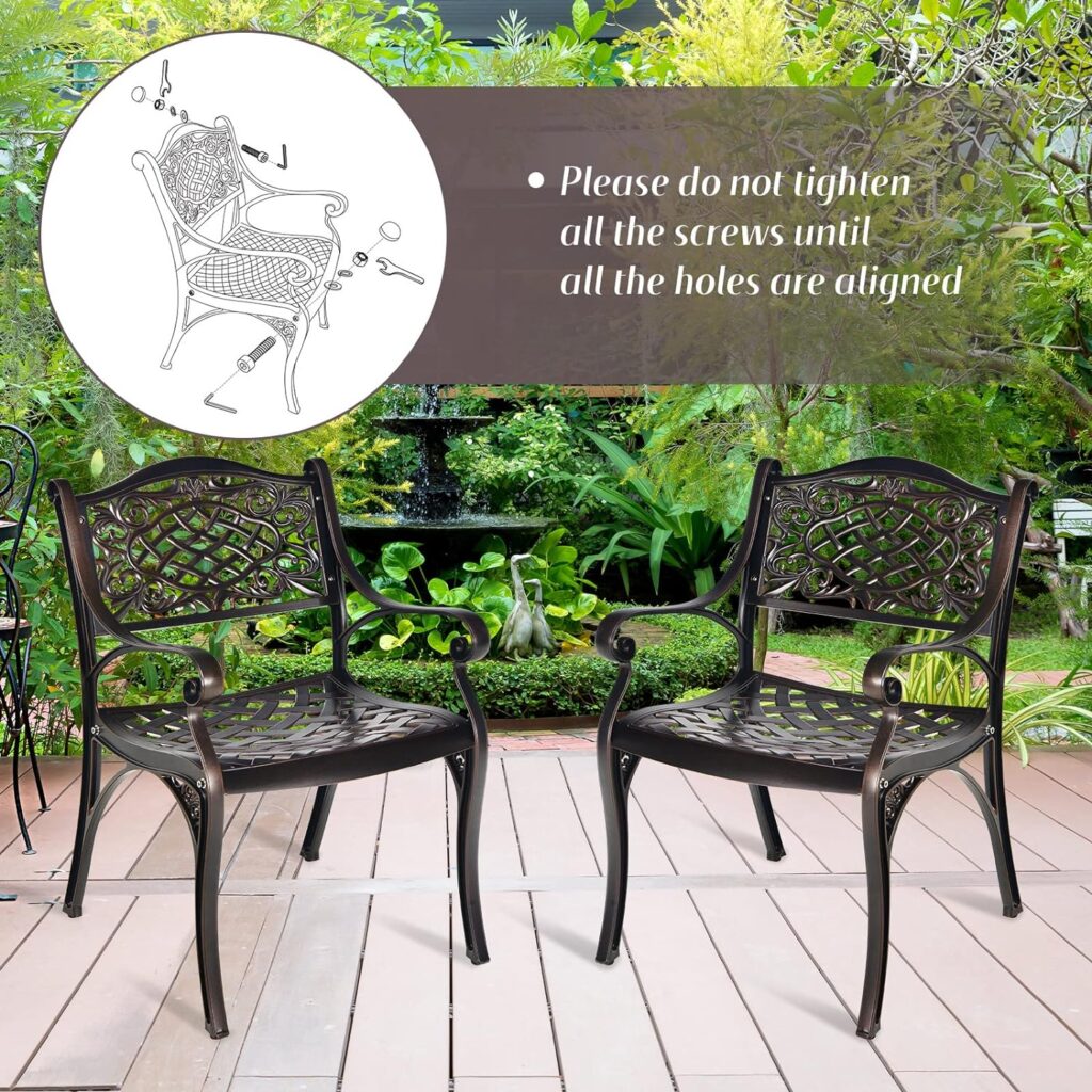 Tangkula 2 Pieces Outdoor Dining Chairs, All-Weather Cast Aluminum Chairs with Armrests and Curved Seats, Patio Arm Chairs for Garden, Poolside, Backyard