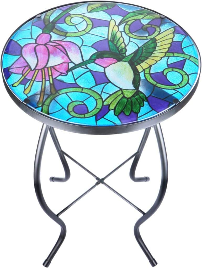 VCUTEKA Mosaic Patio Side Table Outdoor Accent Table Bistro Coffee Table Plant End Table Small Porch Table Indoor Round Glass Balcony Hummingbird Plant Table Stands