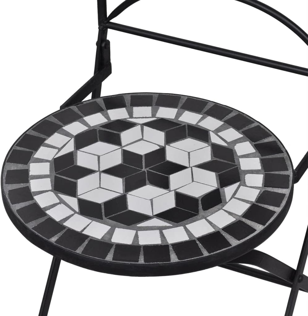 vidaXL 3-Piece Bistro Set with Ceramic Tile Design, Black  White, includes 1 Round Table and 2 Chairs, Powder-Coated Iron Frame, Waterproof, Outdoor Garden Patio Furniture