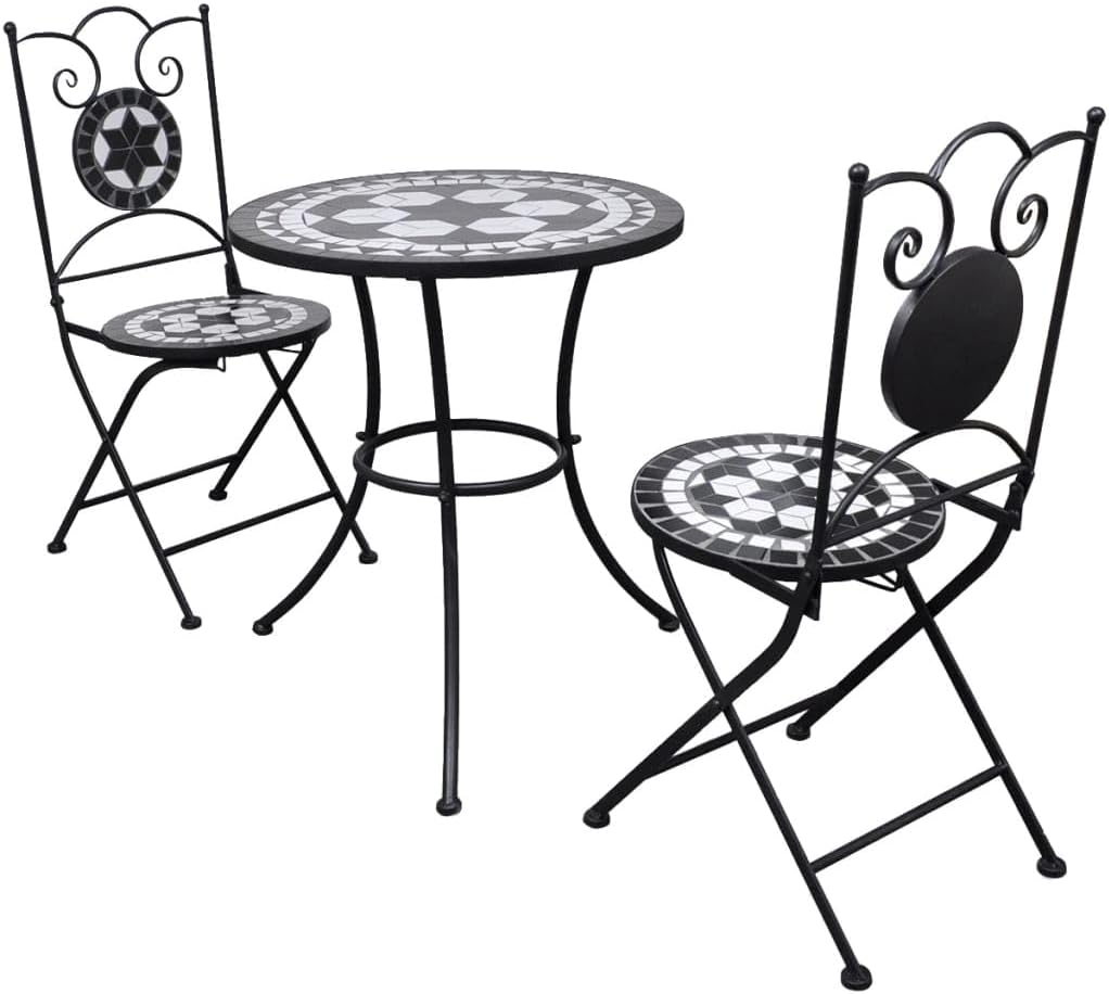 vidaXL 3-Piece Bistro Set with Ceramic Tile Design, Black  White, includes 1 Round Table and 2 Chairs, Powder-Coated Iron Frame, Waterproof, Outdoor Garden Patio Furniture