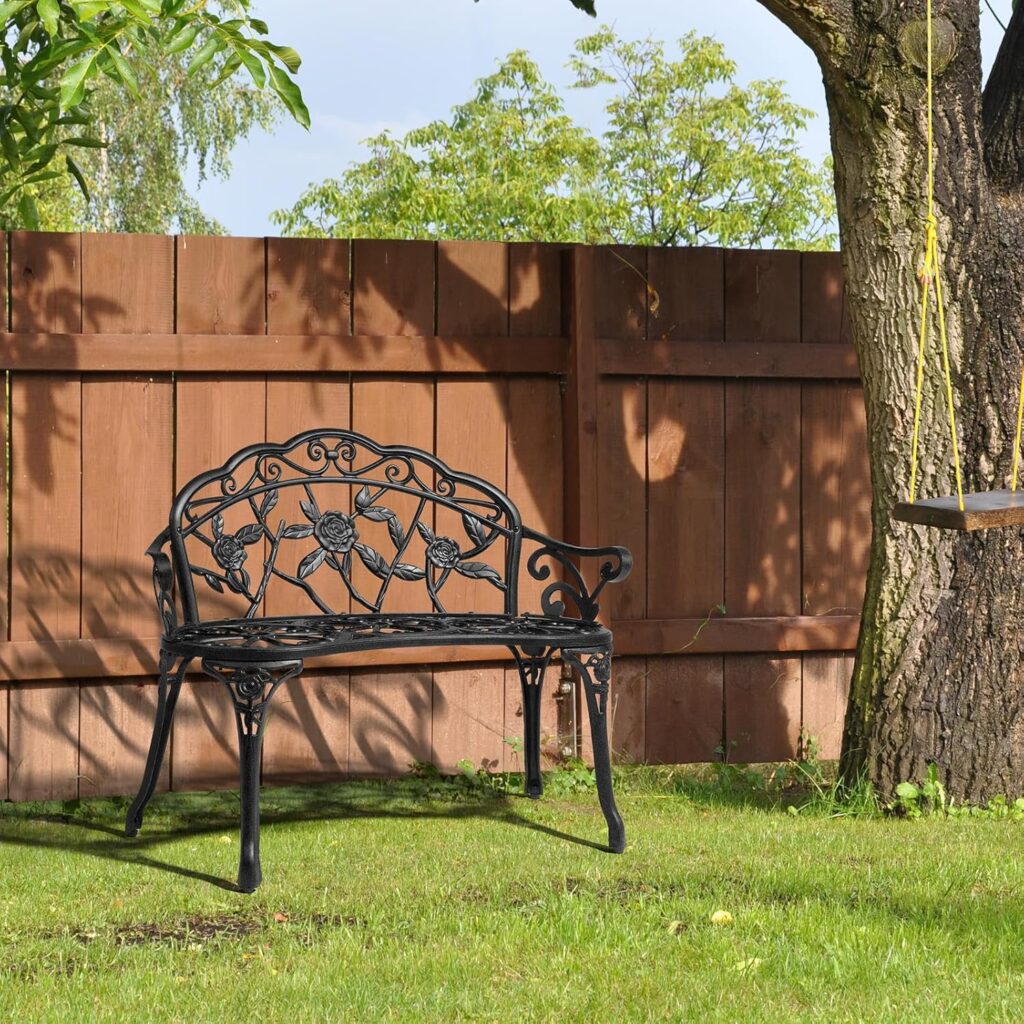 VINGLI 38.5 Patio Park Garden Outdoor Metal Rose Bench,Cast Iron Cast Aluminium Frame Antique Finish Chair,Accented Lawn Front Porch Path Yard Decor Deck Furniture for 2 Person Seat（Bronze