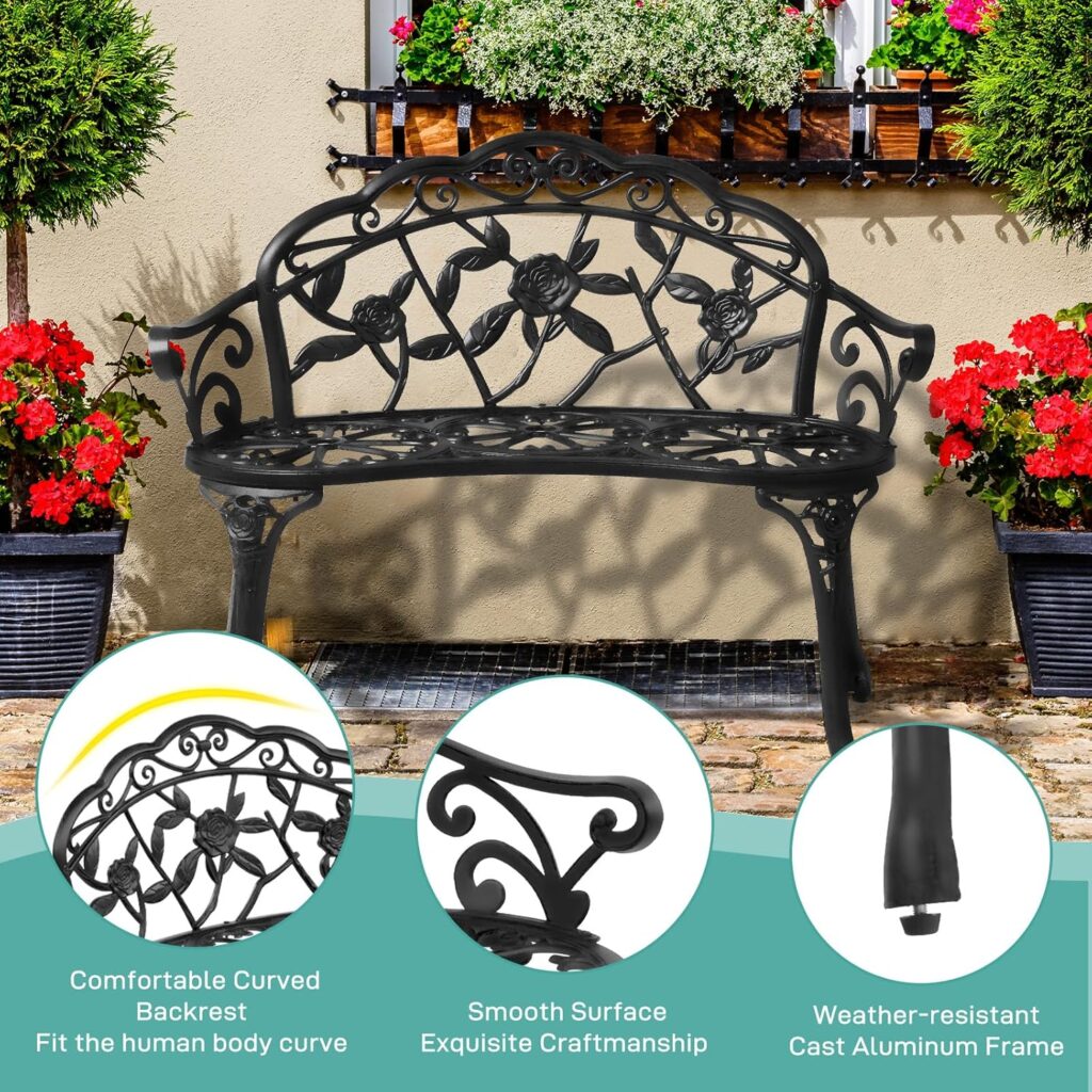 VINGLI 38.5 Patio Park Garden Outdoor Metal Rose Bench,Cast Iron Cast Aluminium Frame Antique Finish Chair,Accented Lawn Front Porch Path Yard Decor Deck Furniture for 2 Person Seat（Bronze