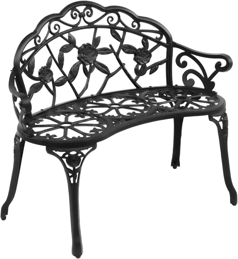 38.5 Patio Park Garden Outdoor Metal Rose Bench,Cast Iron Cast Aluminium Frame Antique Finish Chair,Accented Lawn Front Porch Path Yard Decor Deck Furniture for 2 Person Seat (Black)