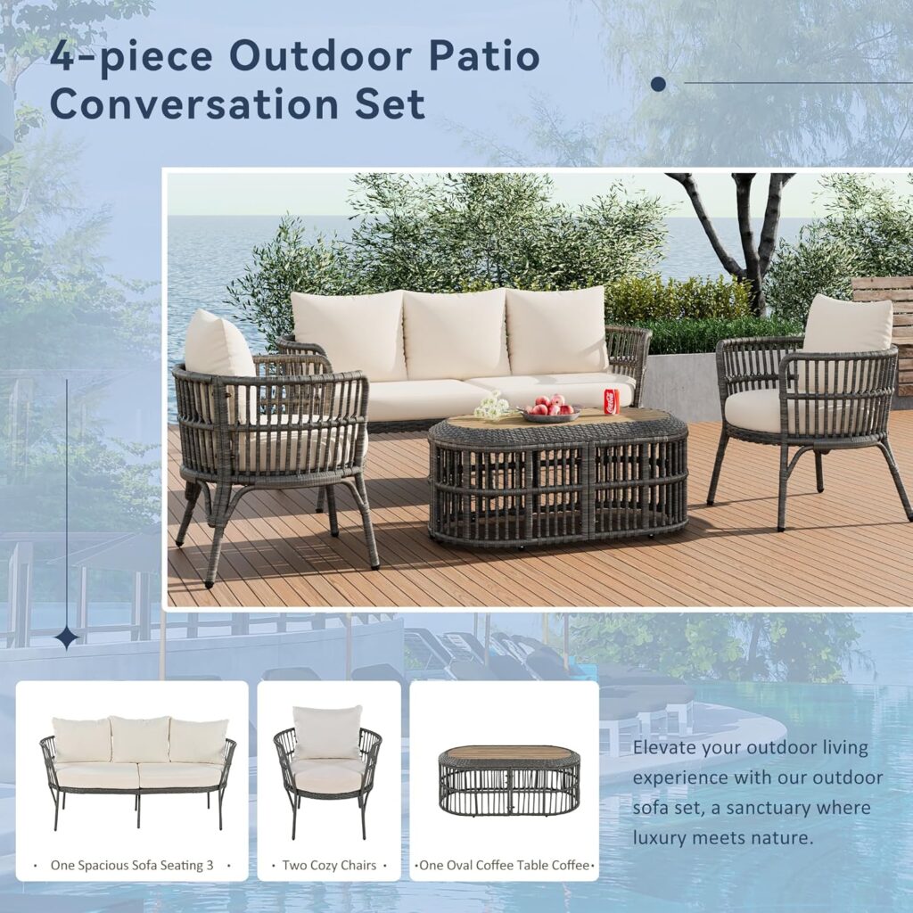 4-Piece Rattan Outdoor Patio Seating 5-Person and Coffee Table, Outside Conversation Sets for Backyard, Porch, Balcony, Poolsid, Grey