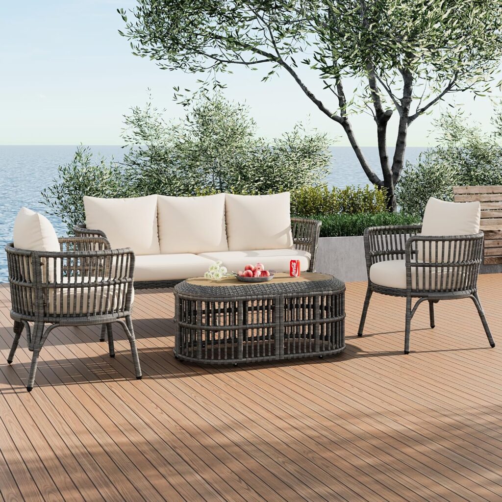 4-Piece Rattan Outdoor Patio Seating 5-Person and Coffee Table, Outside Conversation Sets for Backyard, Porch, Balcony, Poolsid, Grey