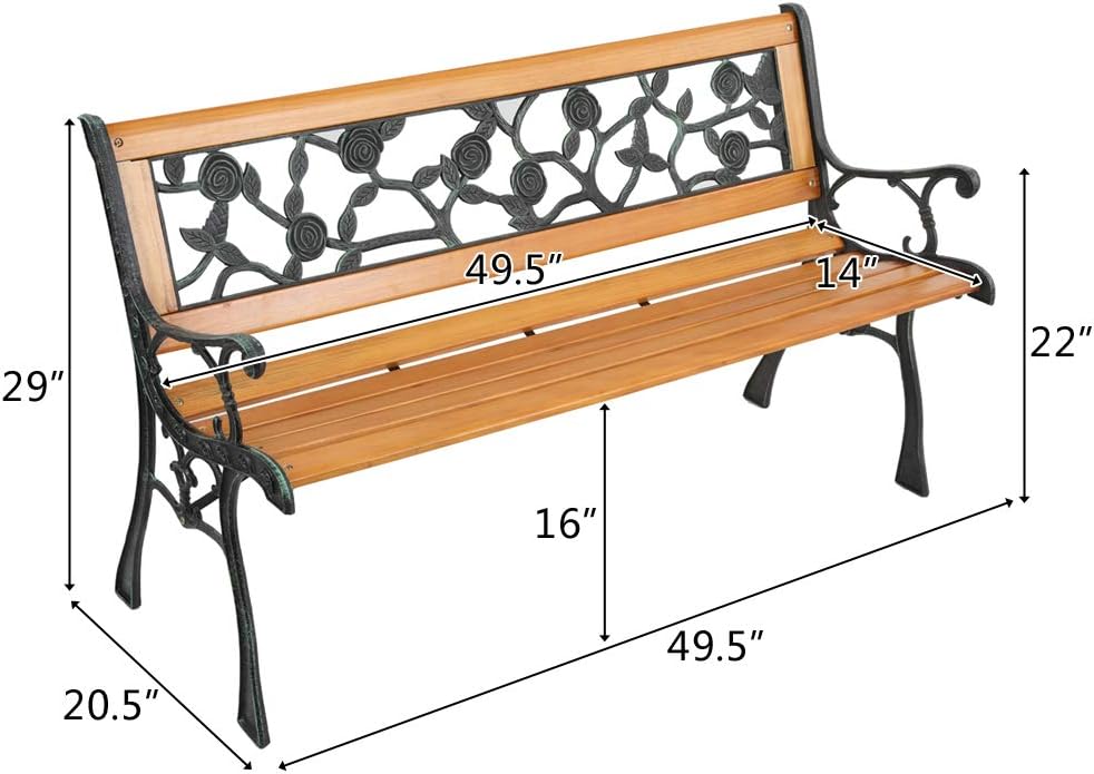 49-inch Weather-Resistant Garden Bench Outdoor Patio Park Bench Furniture Hardwood Slat cast Iron Frame, Suitable for Porch, Terrace, Deck or Poolside