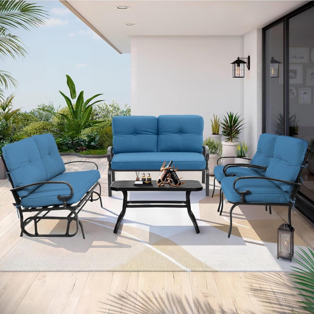 5 Pcs (6 Seats) Outdoor Patio Furniture Conversation Sets, Glider, Loveseat and Coffee Table, 2 Lounge Chairs with Cushions (Peacock Blue)