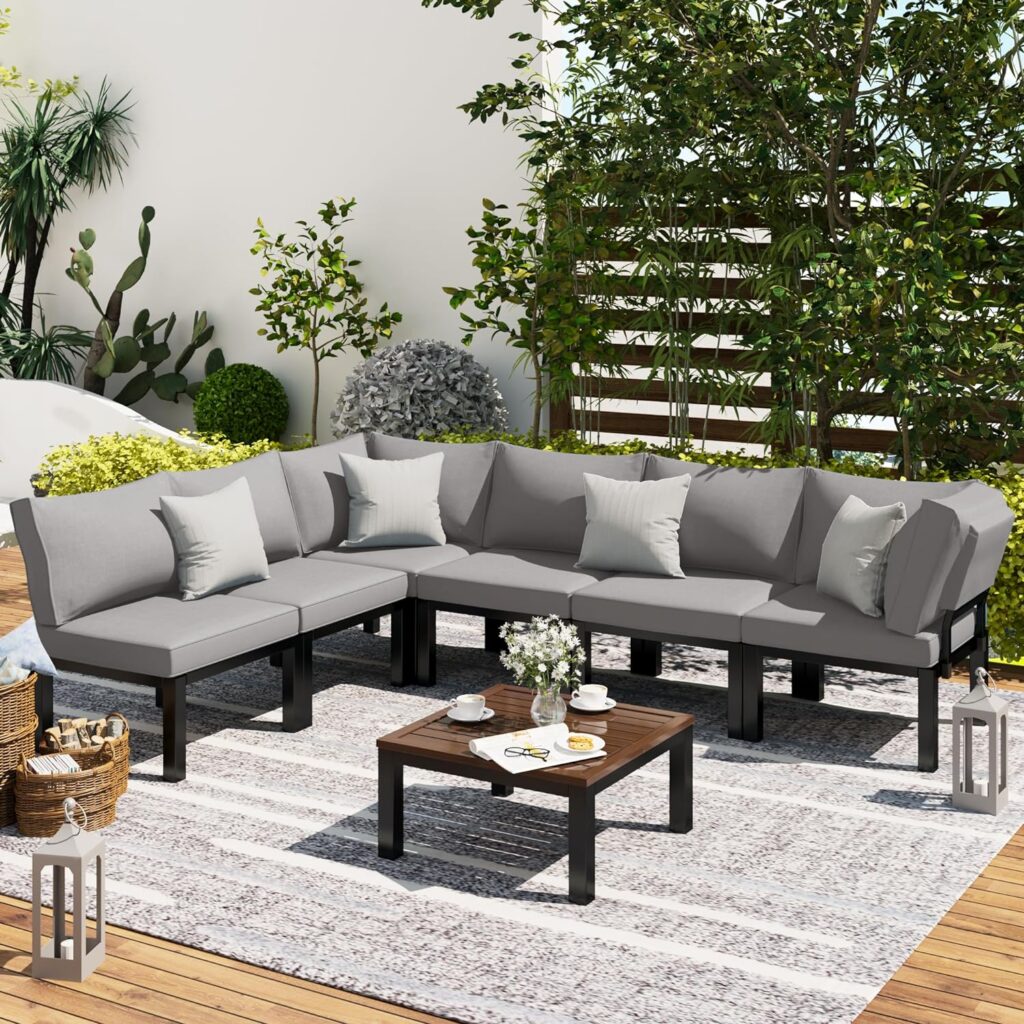 AECOJOY Outdoor Patio Furniture Set, Metal Patio Sectional Conversation Sofa, Black Wrought Iron Outdoor Furniture Sets Clearance with Grey Cushions