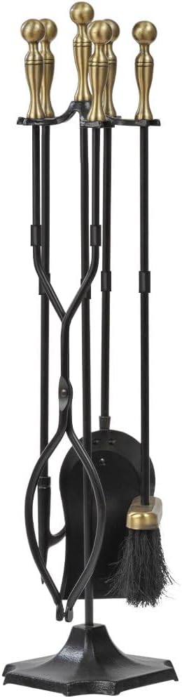 AMAGABELI GARDEN  HOME 5 Pcs Fireplace Tools Sets Black Handle Wrought Iron Large Fire Tool Set and Holder Outdoor Fireset Fire Pit Stand