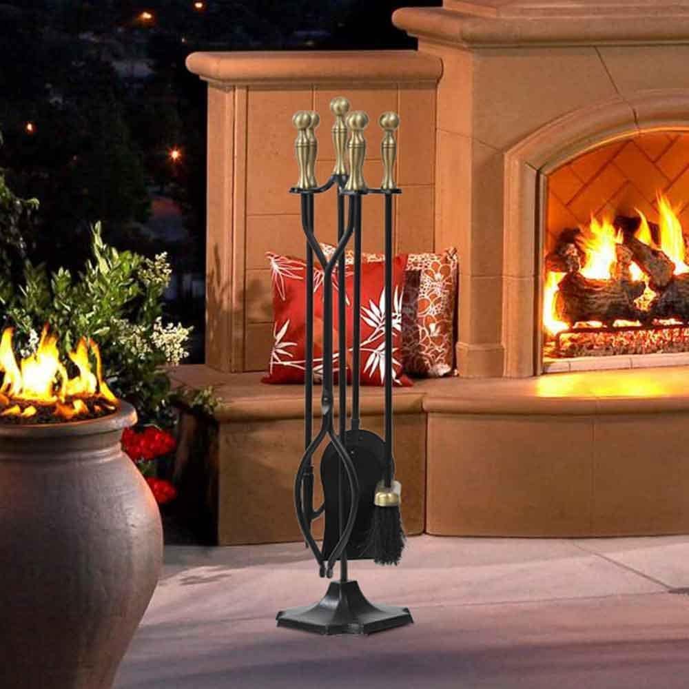 AMAGABELI GARDEN  HOME 5 Pcs Fireplace Tools Sets Black Handle Wrought Iron Large Fire Tool Set and Holder Outdoor Fireset Fire Pit Stand