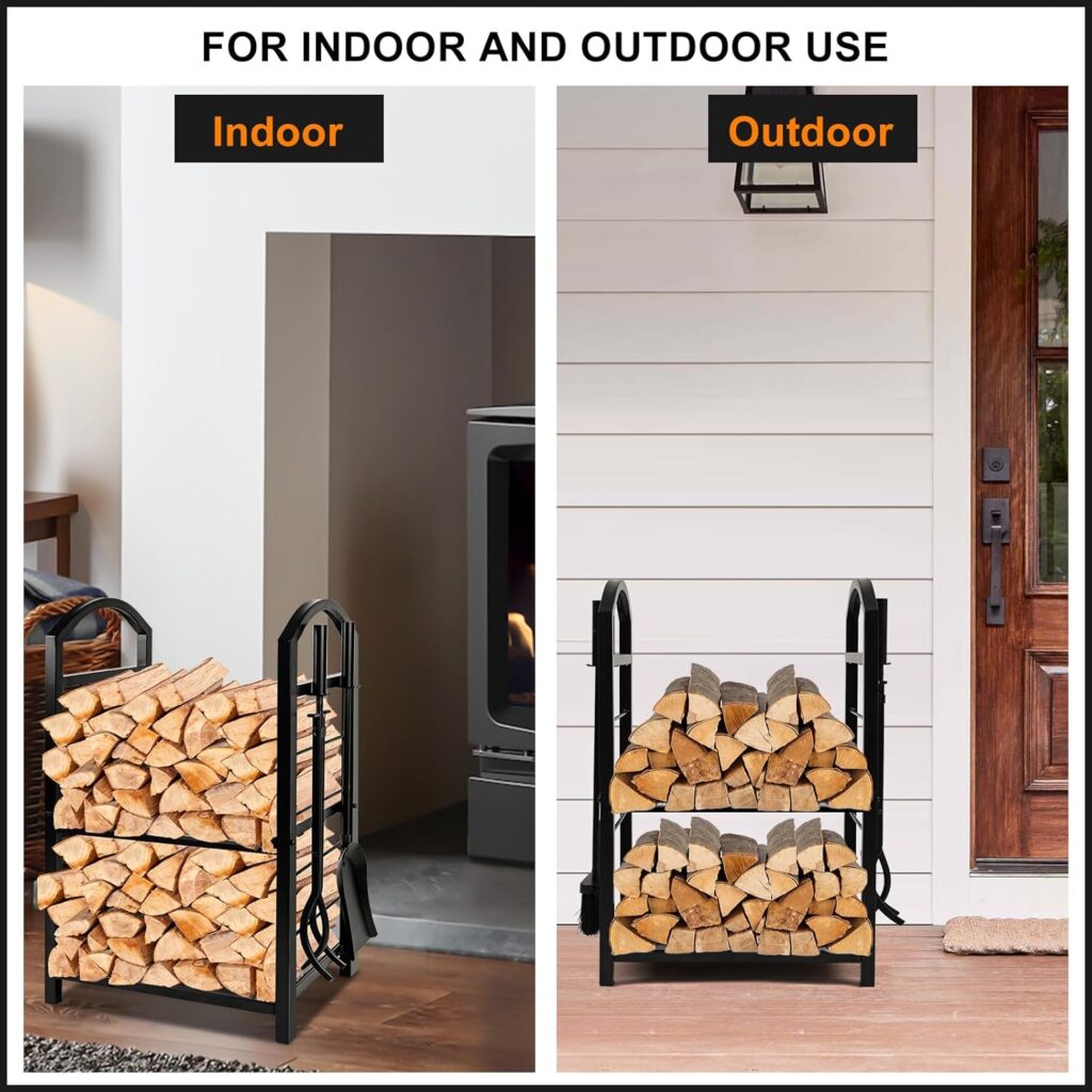 AMAGABELI GARDEN  HOME Firewood Rack Fireplace Tool Rack Indoor Wood Holders Fireplace Outdoor Log Holder Rack Lumber Storage Stacking Black Stove Wrought Iron Large Logs Bin Fireplace Tools Set Tongs Accessories