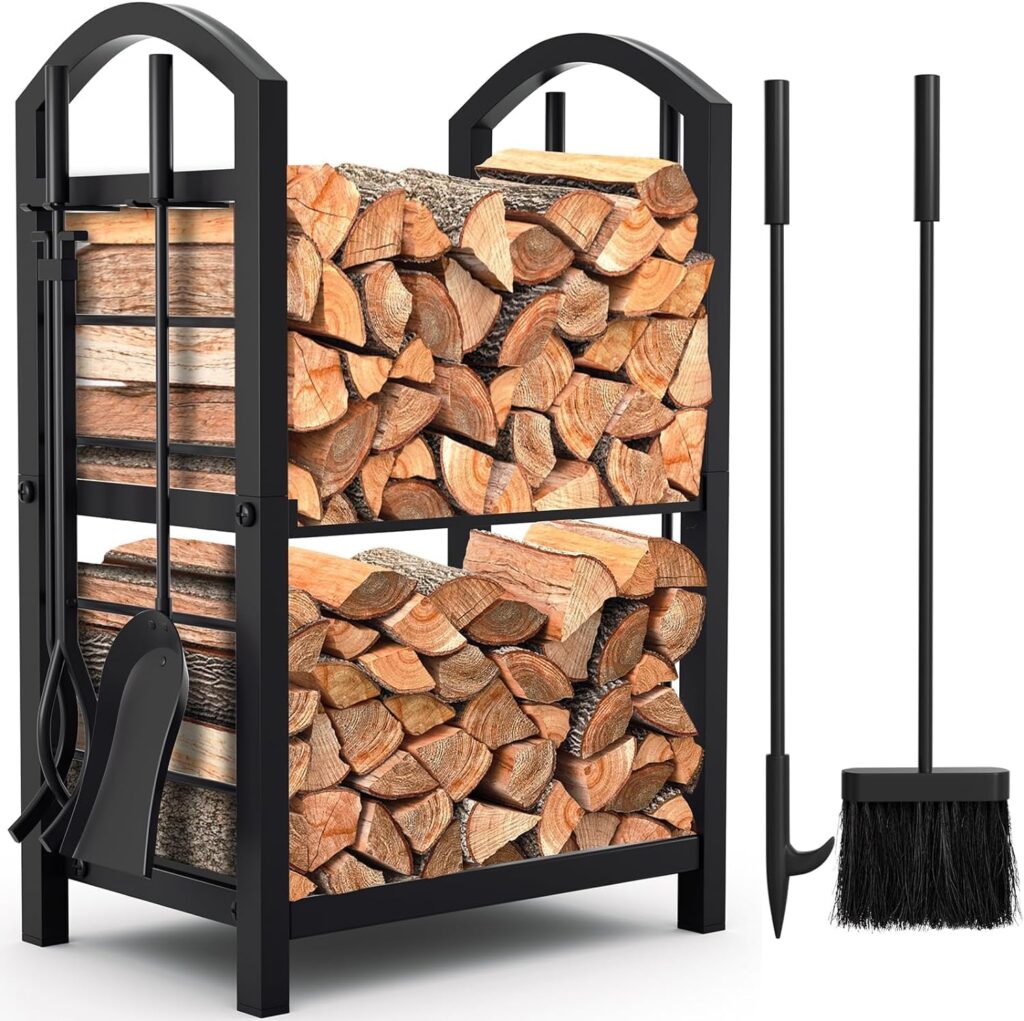 AMAGABELI GARDEN  HOME Firewood Rack Fireplace Tool Rack Indoor Wood Holders Fireplace Outdoor Log Holder Rack Lumber Storage Stacking Black Stove Wrought Iron Large Logs Bin Fireplace Tools Set Tongs Accessories