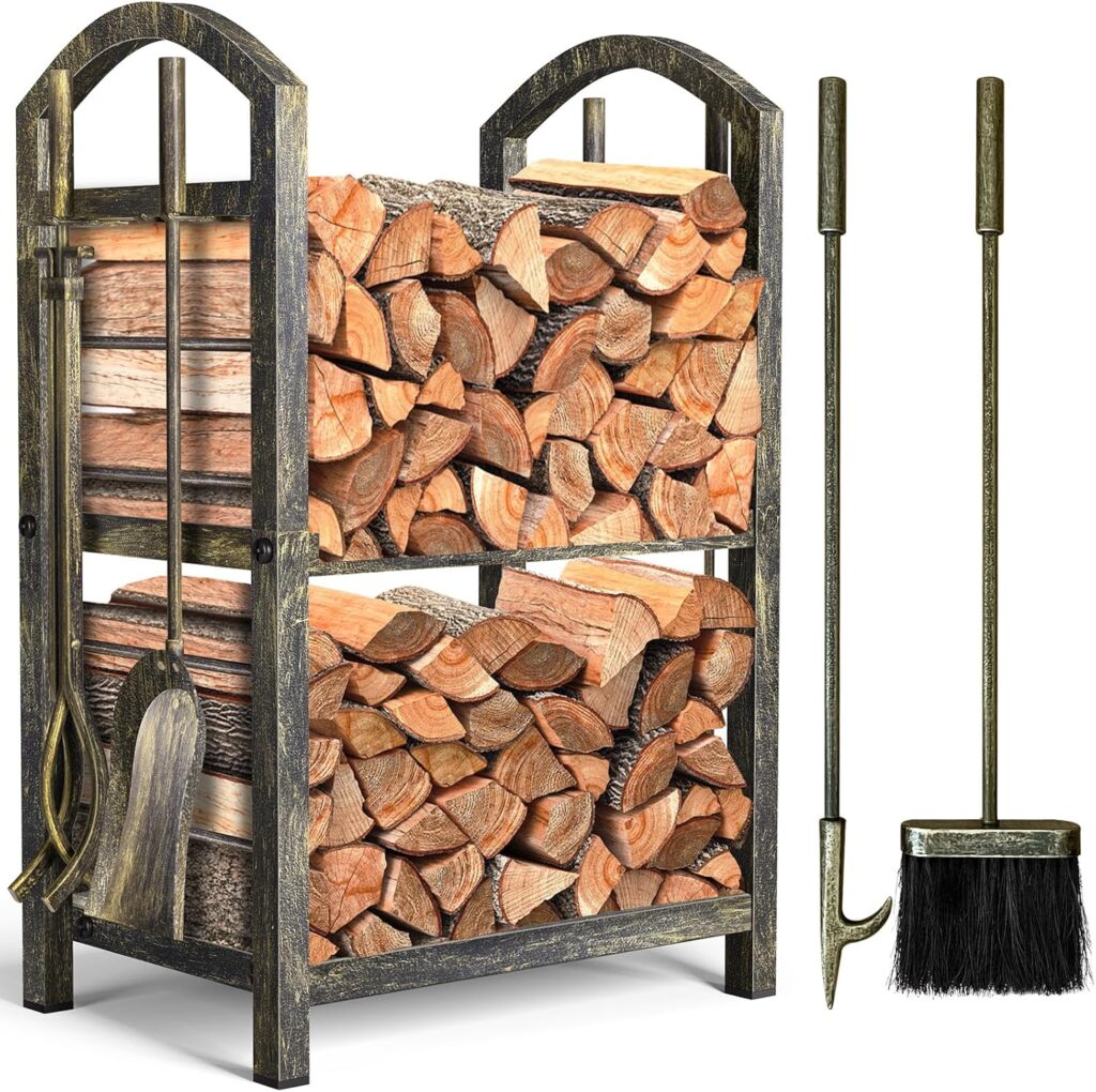 AMAGABELI GARDEN  HOME Firewood Rack Fireplace Tool Rack Indoor Wood Holders Fireplace Outdoor Log Holder Rack Lumber Storage Stacking Black Stove Wrought Iron Large Logs Bin Fireplace Tools Set Tongs Accessories