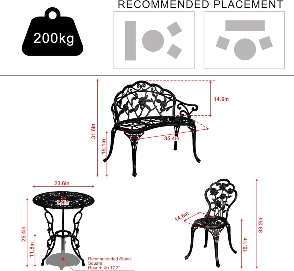 Cast Aluminum Bistro Set of 4, Patio Rose Table and Chair Set with Umbrella Hole for Balcony All Weather Resistant Bronze