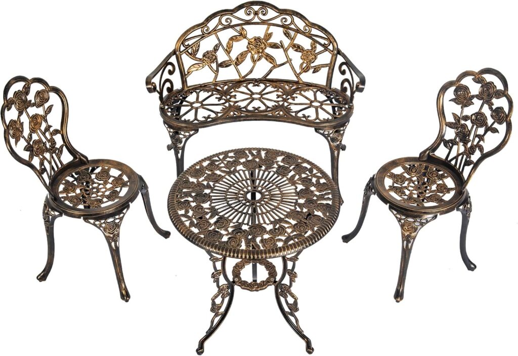 Cast Aluminum Bistro Set of 4, Patio Rose Table and Chair Set with Umbrella Hole for Balcony All Weather Resistant Bronze