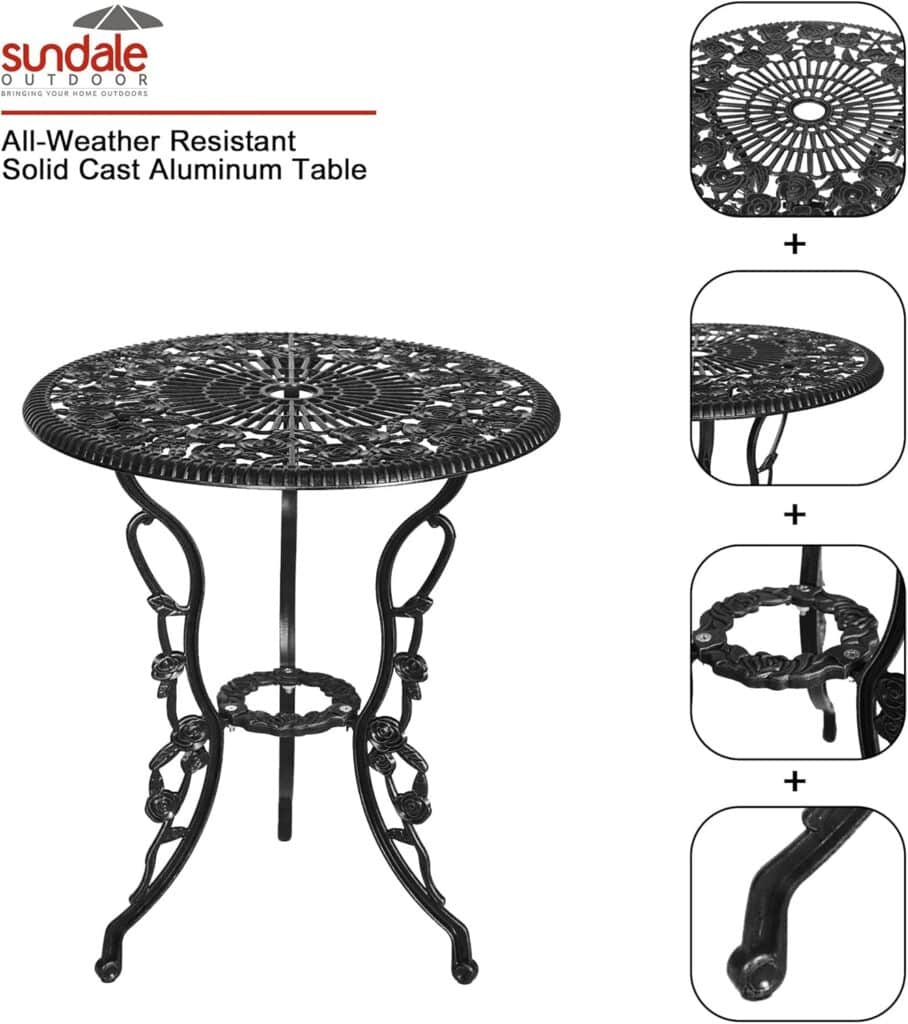 Cast Aluminum Bistro Set of 4, Patio Rose Table and Chair Set with Umbrella Hole for Balcony All Weather Resistant Bronze