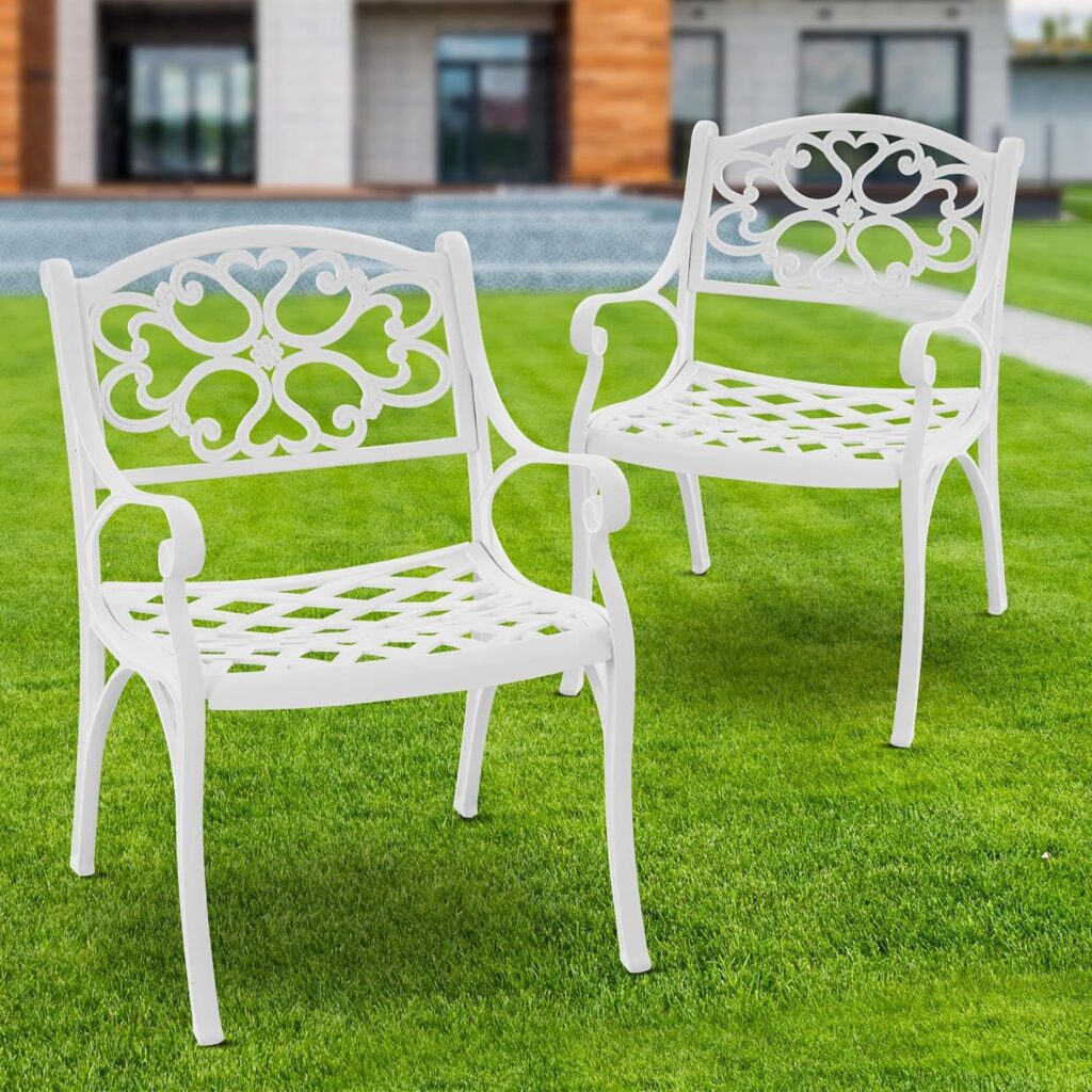 Cast Aluminum Patio Chairs Set of 2 Outdoor Dining Chairs,All Weather Metal Patio Bistro Chair with Adjustable Feet,Patio Dining Chair for Garden,White