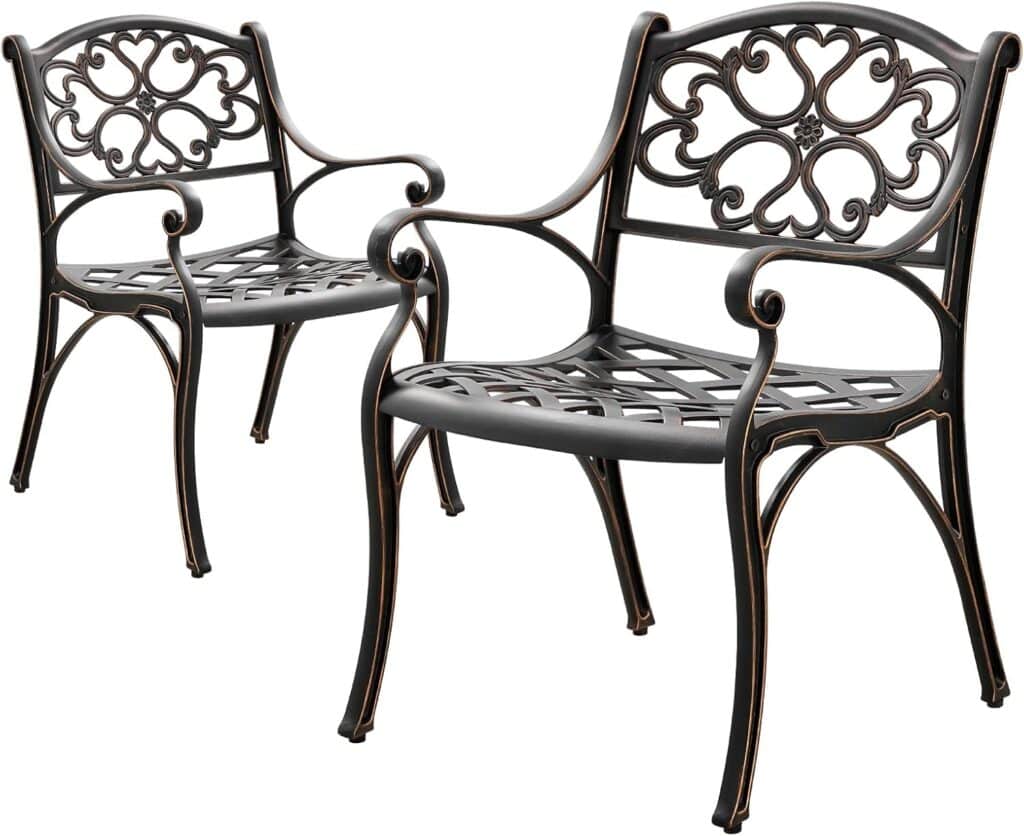 Cast Aluminum Patio Chairs Set of 2 Outdoor Dining Chairs,All Weather Metal Patio Bistro Chair with Adjustable Feet,Patio Dining Chair for Garden,White