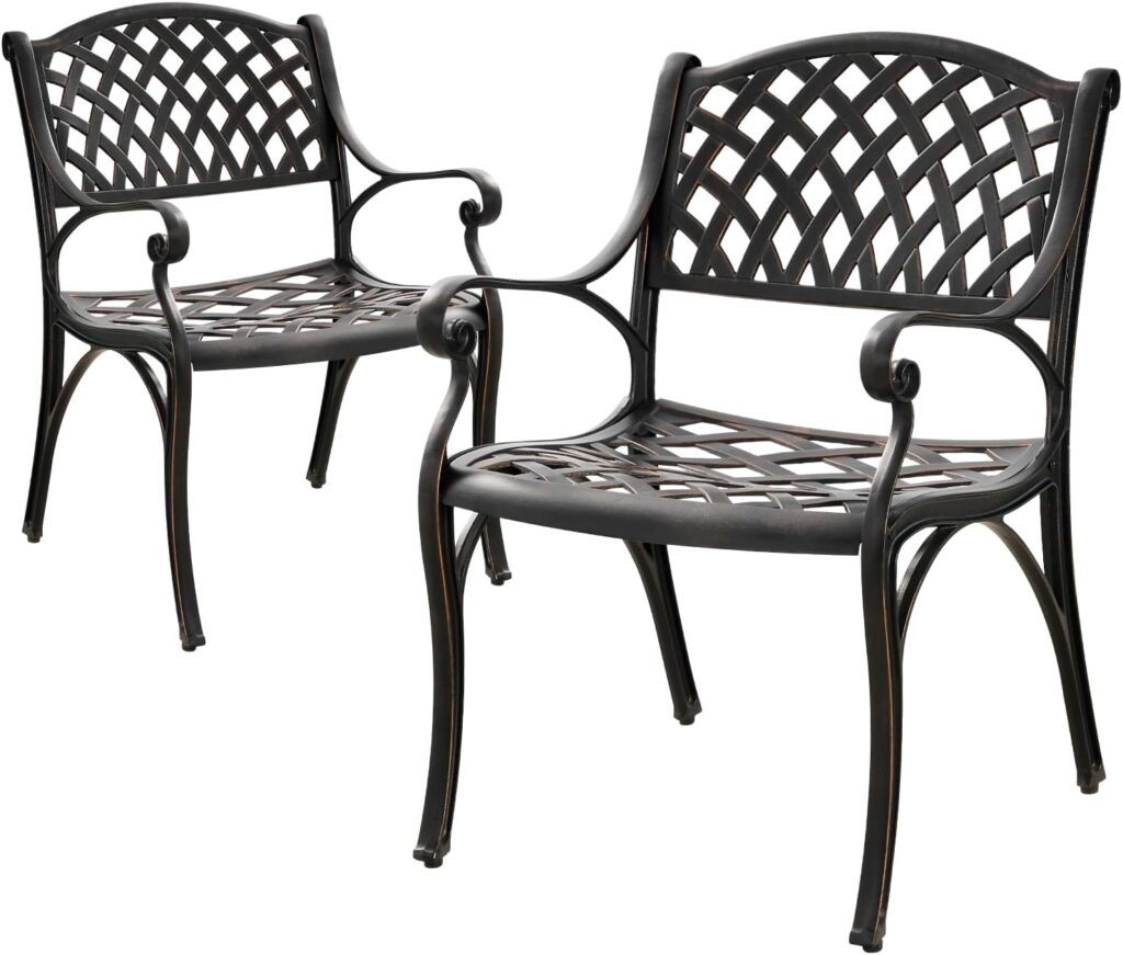 Cast Aluminum Patio Chairs Set of 2 Outdoor Dining Chairs,All Weather Metal Patio Bistro Chair with Adjustable Feet,Patio Dining Chair for Garden,White