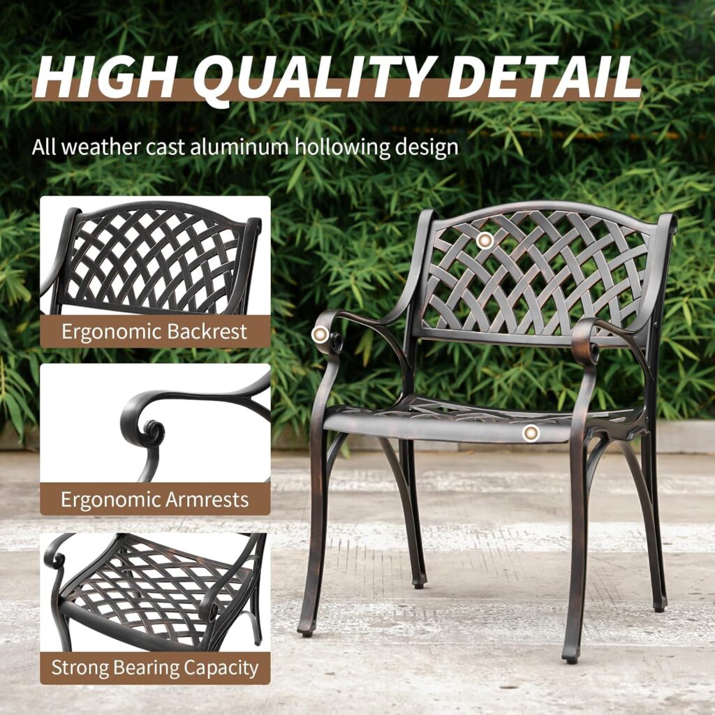 Cast Aluminum Patio Chairs Set of 2 Outdoor Dining Chairs,All Weather Metal Patio Bistro Chair with Adjustable Feet,Patio Dining Chair for Garden,White