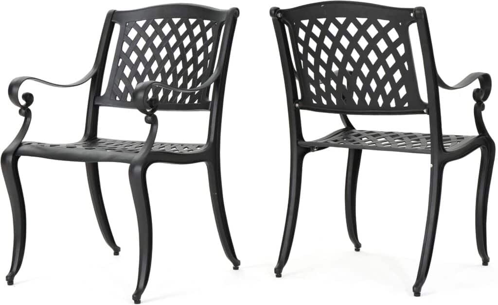 Christopher Knight Home Cayman Black Sand Cast Aluminum Rectangle Table and Hallandale Antique Matte Black Cast Aluminum Chairs, 2-Piece Set