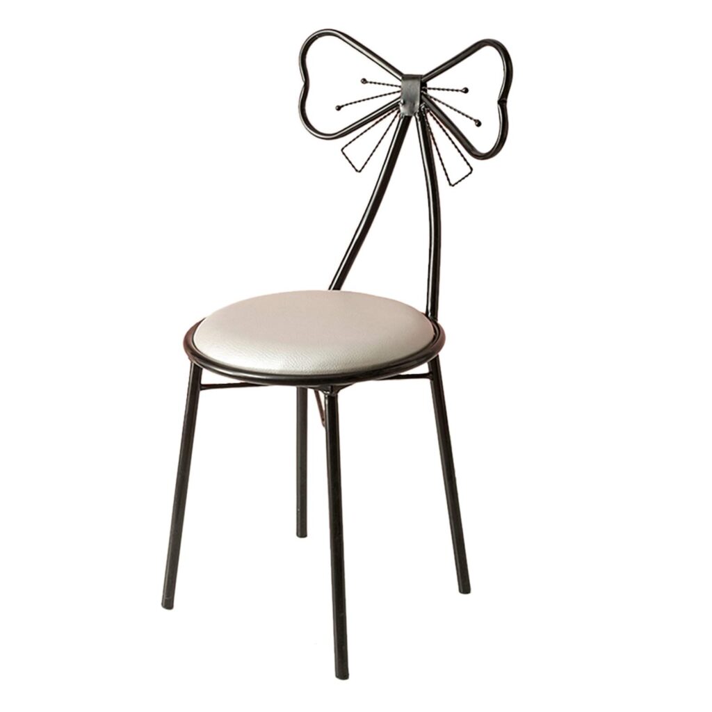 Dressing Table Makeup Chair, Creative Butterfly Tie Decoration Backrest White PU Leather Dressing Stool Bedroom Lounge Chair Reading Wrought Iron Dining Furniture,White