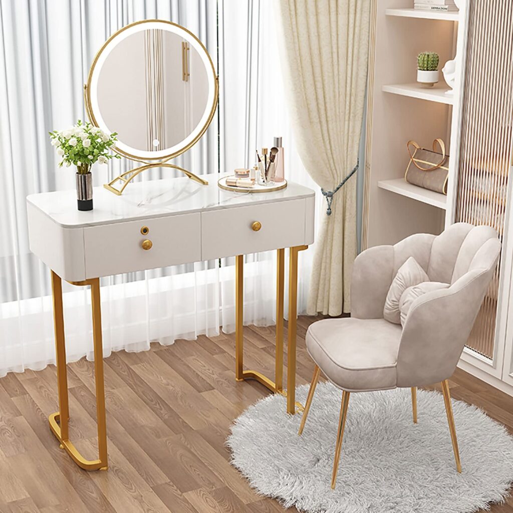 Dressing Table Makeup Chair, Creative Ribbon Shape Decoration Backrest Chair Golden PU Leather/Flannel Dressing Stool Bedroom Lounge Reading Wrought Iron Dining Chair Furniture,White pu