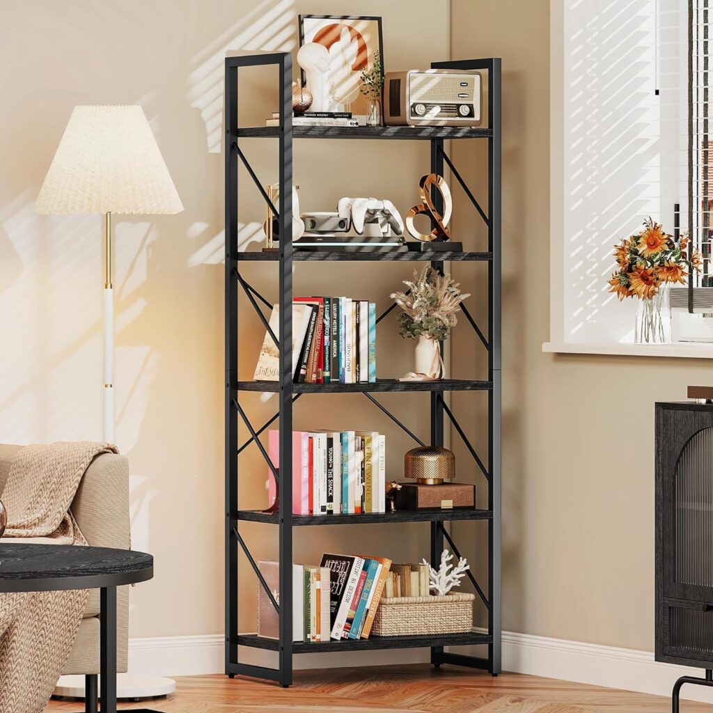 DWVO 5 Tier Bookshelf Black Bookcase, Storage Shelves Organizer Standing Shelf, Display Rack Book Shelves for Bedroom,Living Room,Office,Kitchen, Black