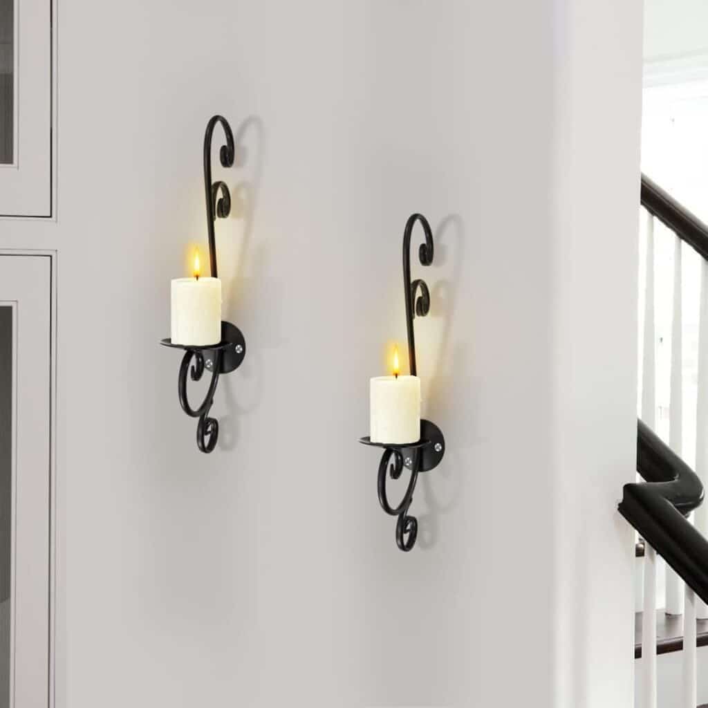 Dyna-Living Wall Sconces Set of Two Black Candle Sconces Wrought Iron Wall-mounted Candle Holders for Wedding Fireplace Home Decor Porch Yard Pathway Lighting