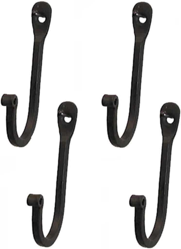 Early American Single Prong Wrought Iron Hooks, Set of 4 - Rustic Curved Metal Fasteners - Decorative Colonial Wall Décor