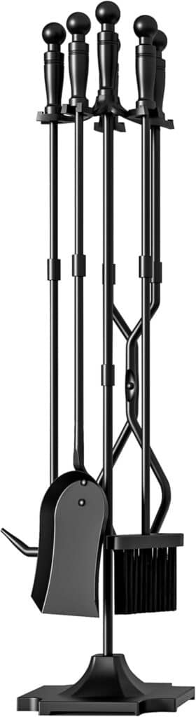 Fire Beauty Fireplace Tools, 5 Pieces Fireside Accessories Fire Kit Set, Stand Woodstove Tools Holder Wrought Iron Handle Indoor Fireset Stand (32 Inches)