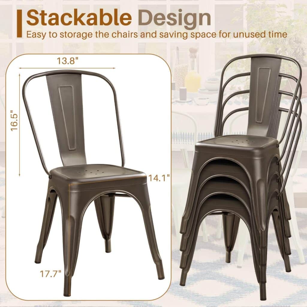 Furmax Metal Dining Chair Indoor Outdoor Use Stackable Classic Trattoria Chair Chic Dining Bistro Cafe Side Metal Chairs Set of 4 (Gun)